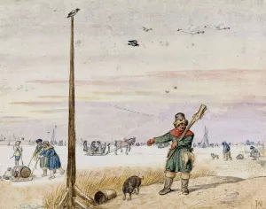 Winter Landscape with a Duck Hunter with Game in his Belt and his Gun over his Shoulder on the Bank of a Frozen River by Hendrick Avercamp Oil Painting