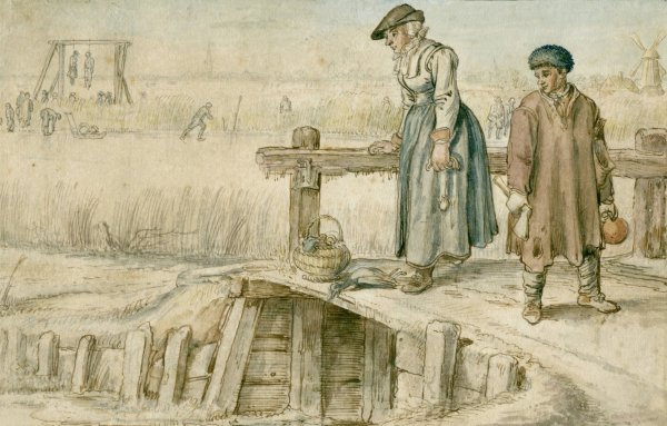 Main Product Photo of Winter Landscape with a Woman and a Youth on a Small Bridge, Skaters and a Gallows in the Distance  Painting by Hendrick Avercamp