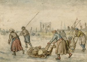 Winter Landscape with Two Women and a Sledge and Other Figures on the Ice, a Gallows in the Distance by Hendrick Avercamp Oil Painting