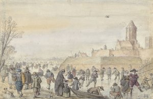 Winter Scene on the Frozen Canal near the Kalverhekkenpoort, Kampen by Hendrick Avercamp Oil Painting