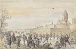 Winter Scene on the Frozen Canal near the Kalverhekkenpoort, Kampen by Hendrick Avercamp Oil Painting