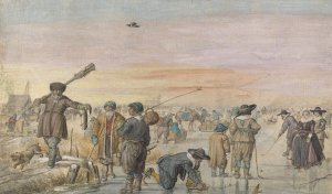 Winter Scene on the Ice, with a Hunter Showing an Otter by Hendrick Avercamp Oil Painting