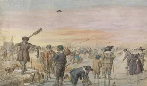 Winter Scene on the Ice, with a Hunter Showing an Otter by Hendrick Avercamp Oil Painting