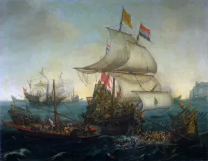 Dutch Ships Ramming Spanish Galleys off the Flemish Coast in October 1602 by Hendrick Cornelisz Vroom - Oil Painting Reproduction