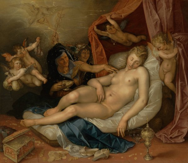 Main Product Photo of The Sleeping Danae Being Prepared to Receive Jupiter  Painting by Hendrick Goltzius