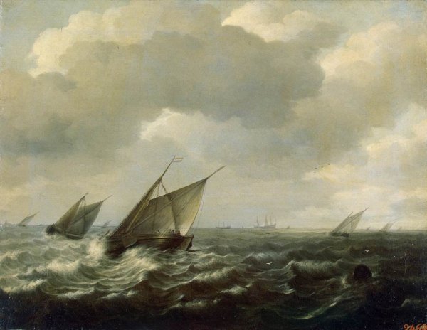 Sailing Vessels in a Strong Wind by Hendrick Maertensz Sorgh - Hand-Painted Oil Painting Reproduction