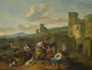 An Italianate Landscape With Vegetable Sellers by Hendrick Mommers Oil Painting