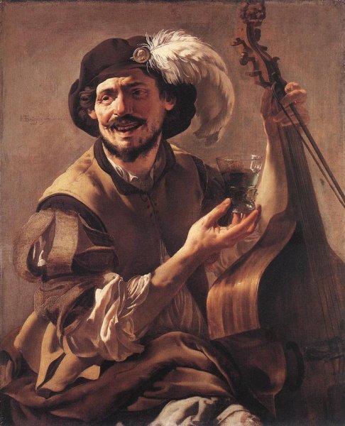 Main Product Photo of A Laughing Bravo with a Bass Viol and a Glass Painting by Hendrick Terbrugghen