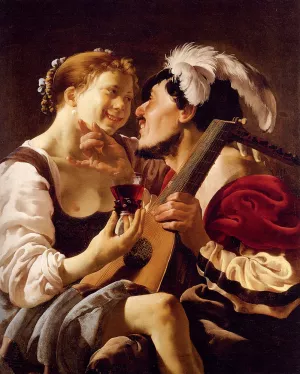 A Luteplayer Carousing with a Young Woman Holding a Roemer by Hendrick Terbrugghen - Oil Painting Reproduction