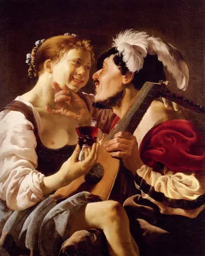 A Luteplayer Carousing with a Young Woman Holding a Roemer Oil painting by Hendrick Terbrugghen