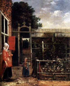 Woman with a Child Blowing Bubbles in a Garden painting by Hendrick Van Der Burch
