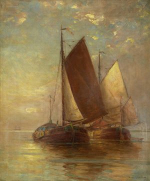 Sailing Vessels at Sea by Hendricks A. Hallett Oil Painting