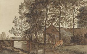 Boerderij met drinkende koe aan de Biltstraat te Utrecht by Hendrik Abraham Klinkhamer Oil Painting