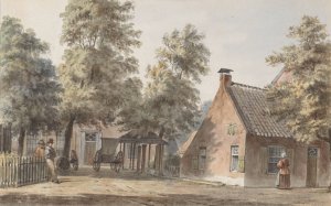 Dorpsgezicht met links twee mannen leunend tegen een hekwerk by Hendrik Abraham Klinkhamer Oil Painting