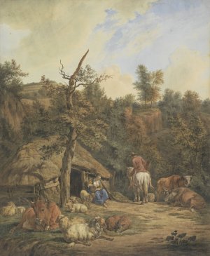Herder, herderin en vee rustend voor een vervallen stal, after Adriaen van de Velde by Hendrik Abraham Klinkhamer Oil Painting