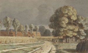 Korenveld tussen huizen onder een dreigende onweerslucht te Hilversum by Hendrik Abraham Klinkhamer Oil Painting