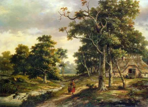 Peasant Woman and a Boy in a Wooded Landscape by Hendrik Barend Koekkoek Oil Painting