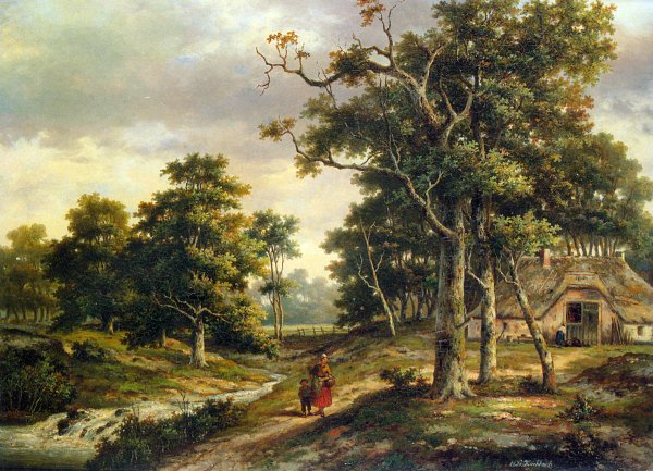 Main Product Photo of Peasant Woman and a Boy in a Wooded Landscape Painting by Hendrik Barend Koekkoek