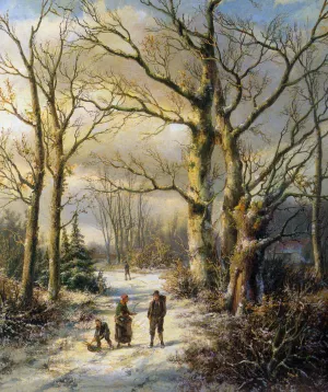 Woodgatherers in a Winter Forest by Hendrik Barend Koekkoek Oil Painting