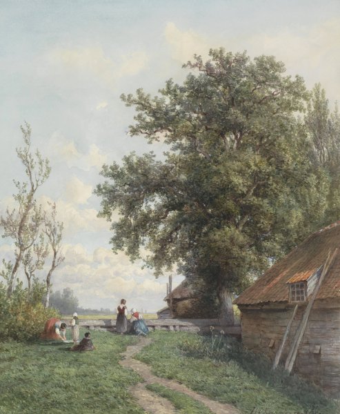 Boerenerf met enige figuren, rechts een schuur en grote boom  by Hendrik Dirk Kruseman Van Elten - Hand-Painted Oil Painting Reproduction