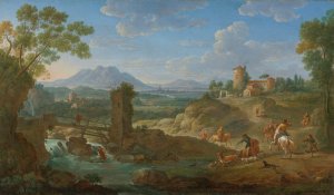 Elegant Hunting Party In An Extensive Landscape With Mountains Beyond by Hendrik Frans Van Lint Oil Painting