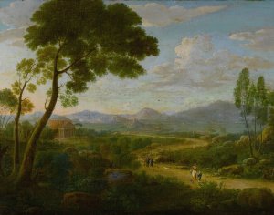 Extensive Landscape With Travelers On A Road, Roman Temples Beyond by Hendrik Frans Van Lint Oil Painting