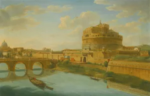 Rome, A View Of The Tiber With The Castel Sant'Angelo And Ponte Sant'angelo, Saint Peter's Basilica Beyond Oil painting by Hendrik Frans Van Lint