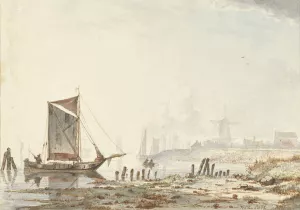 Schepen op een rivier, bij de oever by Hendrik Gerrit Ten Cate Oil Painting