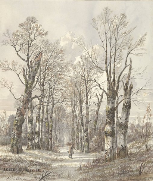 Main Product Photo of Winterlandschap met houtsprokkelaar op bospad  Painting by Hendrik Gerrit Ten Cate