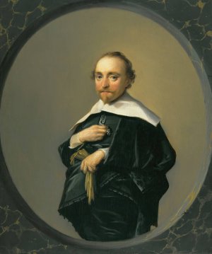 Portrait Of A Bearded Man Wearing A Black Coat With A Large White Collar, Holding A Pair Of Gloves by Hendrik Gerritsz Pot Oil Painting
