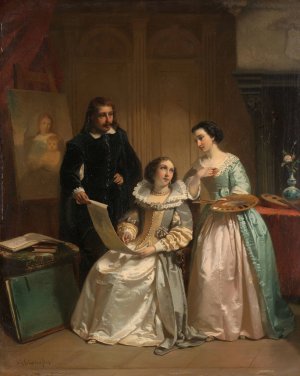 Gerard van Honthorst Showing the Drawings of his Pupil Louise of Bohemia to Amalia van Solms by Hendrik Jacobus Scholten Oil Painting