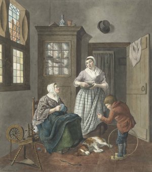 Interieur met naaiende vrouw, dienstmeid en spelende jongen by Hendrik Jan Van Amerom Oil Painting