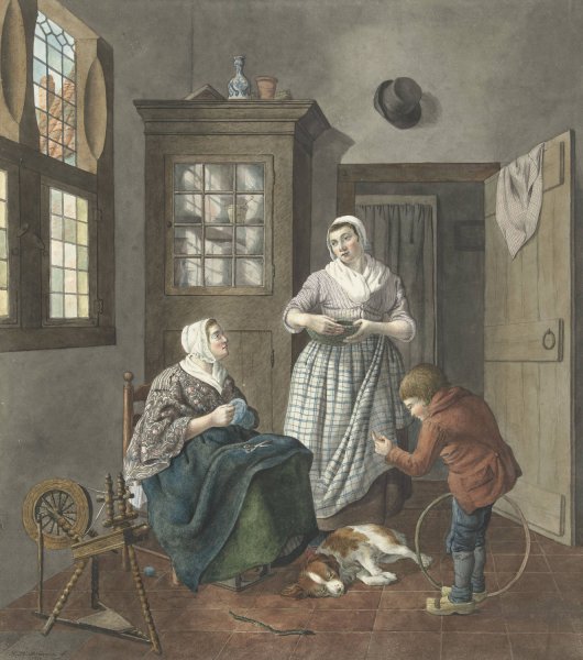 Interieur met naaiende vrouw, dienstmeid en spelende jongen  by Hendrik Jan Van Amerom - Hand-Painted Oil Painting Reproduction