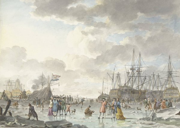 Frost Fair on a Frozen River with Ships  by Hendrik Kobell - Hand-Painted Oil Painting Reproduction
