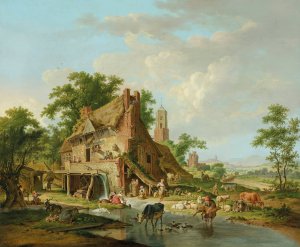 A watermill with farmyard animals and peasants, a landscape beyond Oil painting by Hendrik Meijer