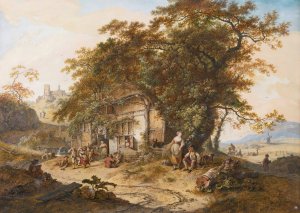 Extensive Landscape With Peasants Resting Before A Tavern, Others Harvesting In The Distance, And A Church On A Hill Behind by Hendrik Meijer Oil Painting