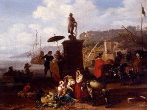 Port Scene With Figures Gathered By A Statue