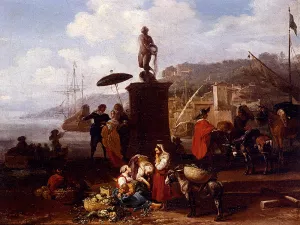 Port Scene With Figures Gathered By A Statue by Hendrik Mommers - Oil Painting Reproduction