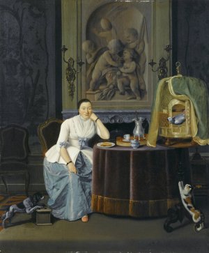 Interior with a lady sitting at a table by Hendrik Pothoven Oil Painting