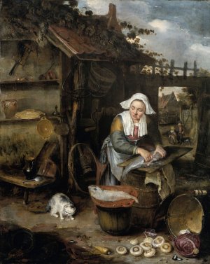 A Housewife in an inner Courtyard Cleaning Fish by Hendrik Potuyl Oil Painting