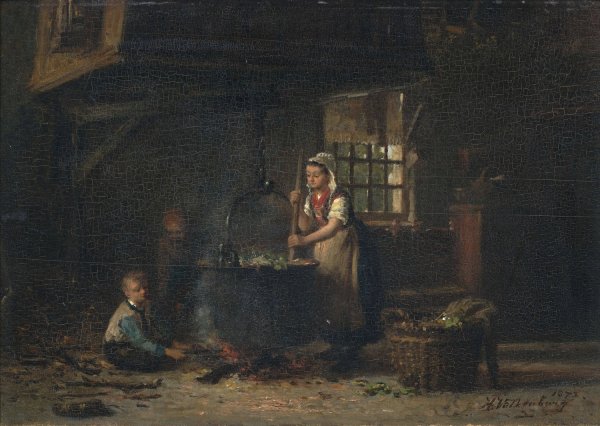 Main Product Photo of Bauerliches Kucheninterieur.  Painting by Hendrik Valkenburg