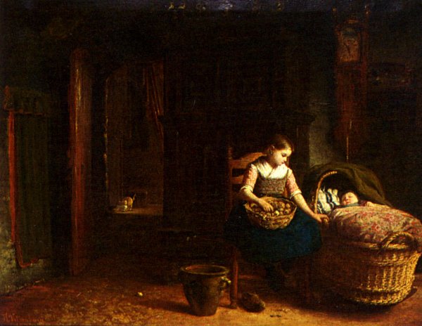 Main Product Photo of By The Cradle Painting by Hendrik Valkenburg