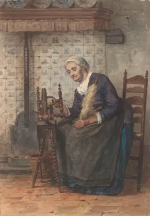 Oude vrouw in interieur aan spinnewiel by Hendrik Valkenburg Oil Painting
