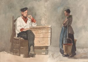 Rokende matroos, vrouw met juk en melkemmers by Hendrik Valkenburg Oil Painting