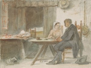 Schrijvende man en een vrouw aan een tafel by Hendrik Valkenburg Oil Painting