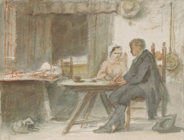 Main Product Photo of Schrijvende man en een vrouw aan een tafel  Painting by Hendrik Valkenburg