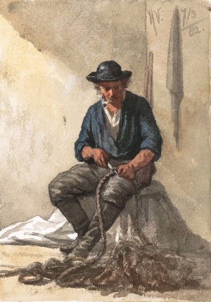 Zittende visser werkend aan een touw by Hendrik Valkenburg Oil Painting
