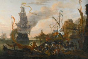 A Levantine Harbour With A Galley And A Man-Of-War Coming In To Anchor, Together With Many Figures On Shore by Hendrik Van Minderhout Oil Painting
