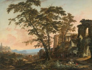 Extensive Rhenish Landscape With Peasants And Animals Resting In The Shade Of Romanesque Ruins by Hendrik Van Minderhout Oil Painting