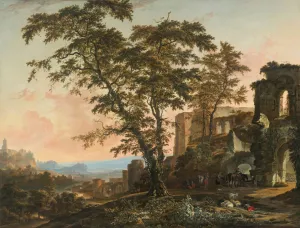 Extensive Rhenish Landscape With Peasants And Animals Resting In The Shade Of Romanesque Ruins Oil painting by Hendrik Van Minderhout